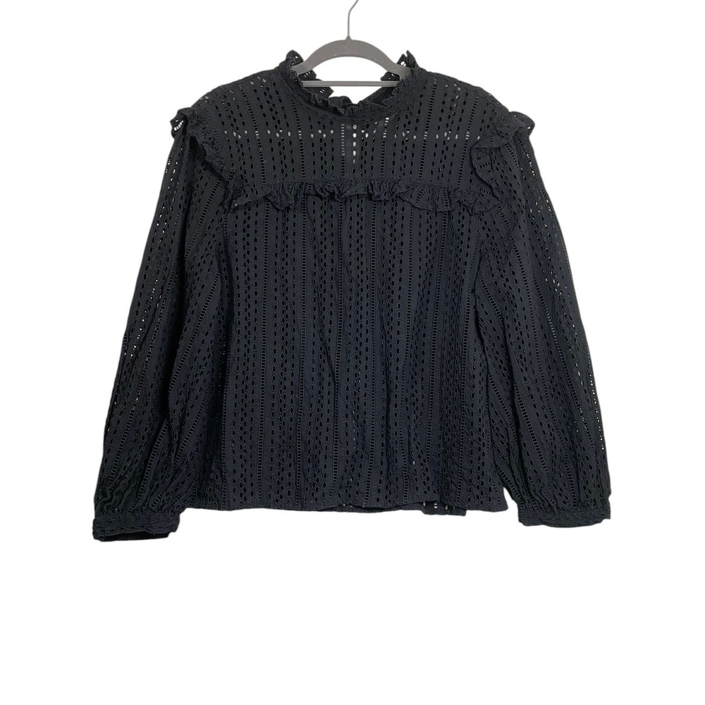 Madewell Large Black Eyelet Lace Ruffle Tie Neck Victorian Prairie Blouse - Picture 2 of 15